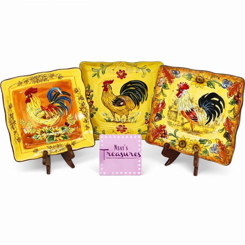 Maxcera ROOSTER Fall Orange Honey Hand Painted Square Lunch Salad Plates Set 3